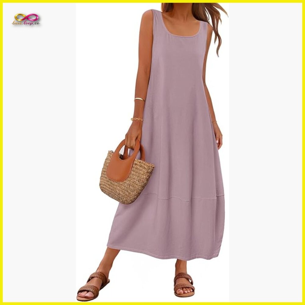 Boho Maxi Sundress Sleeveless Scoop Neck Loose Fit Summer Beach Dress